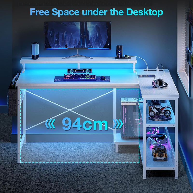 L Shaped Gaming Desk with LED Lights Power