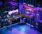 L Shaped Gaming Desk with LED Lights Power