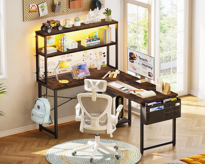 L Shaped Gaming Desk with LED Lights Power