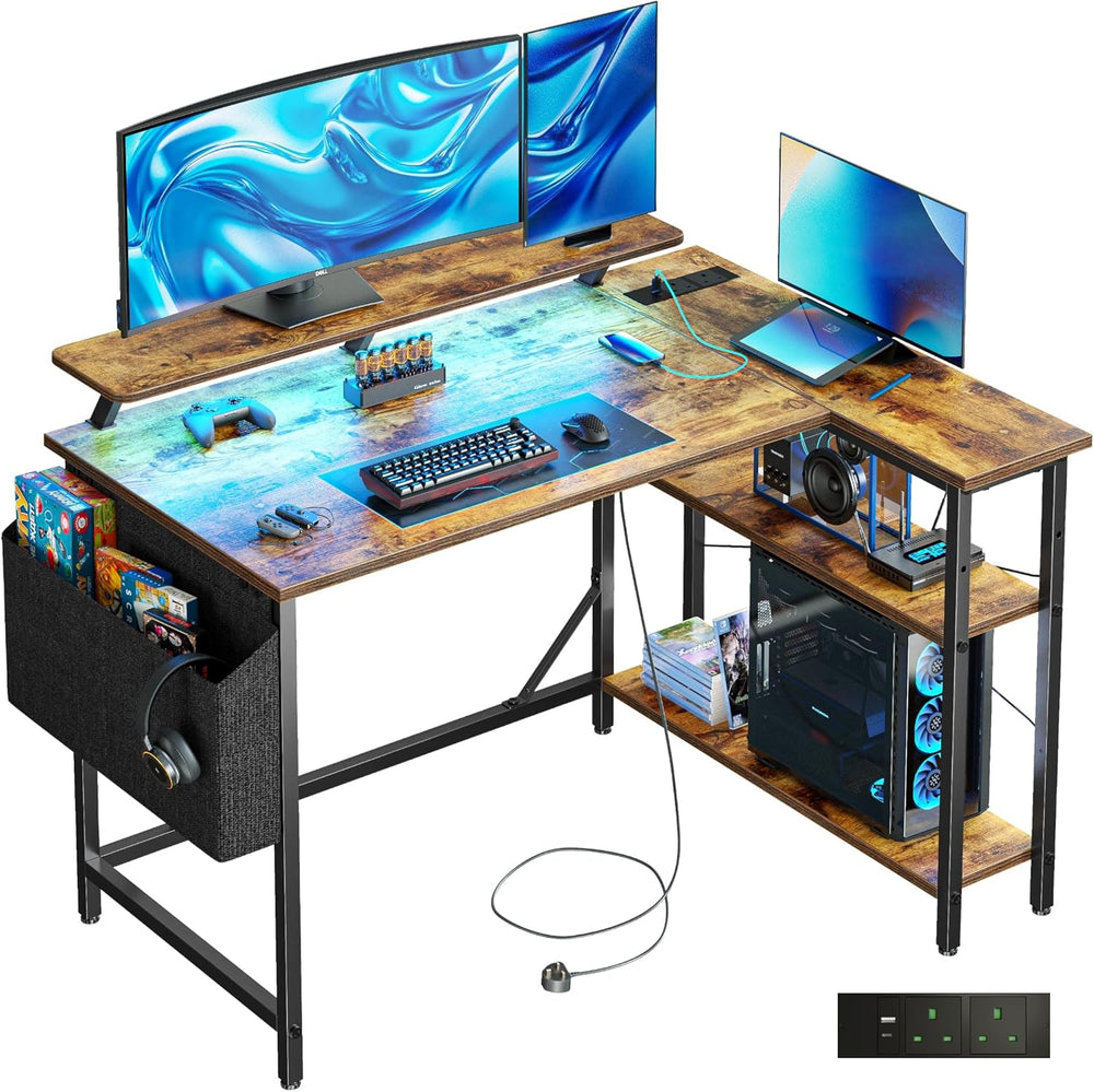 L Shaped Gaming Desk with LED Lights Power