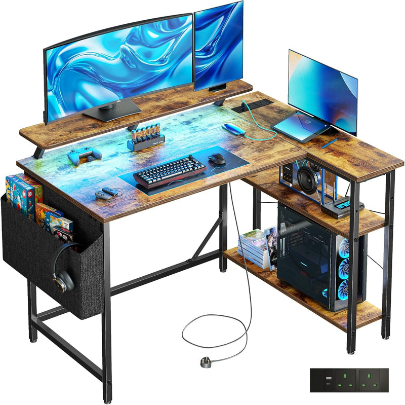 L Shaped Gaming Desk with LED Lights Power