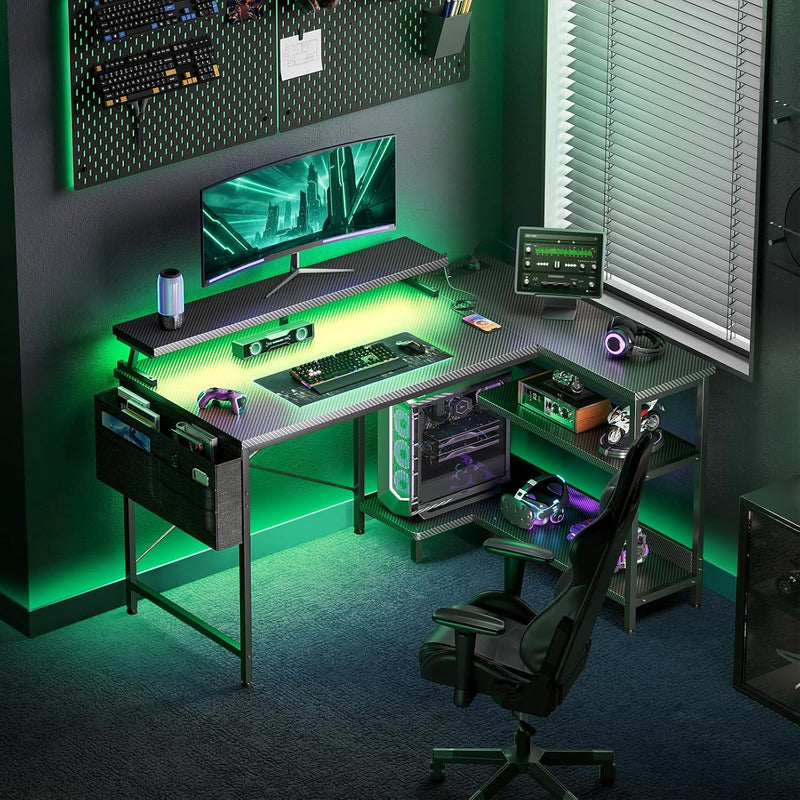 L Shaped Gaming Desk with LED Lights Power