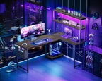 L Shaped Gaming Desk with LED Lights Power