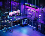 L Shaped Gaming Desk with LED Lights Power
