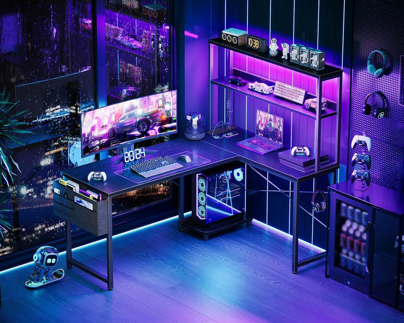 L Shaped Gaming Desk with LED Lights Power