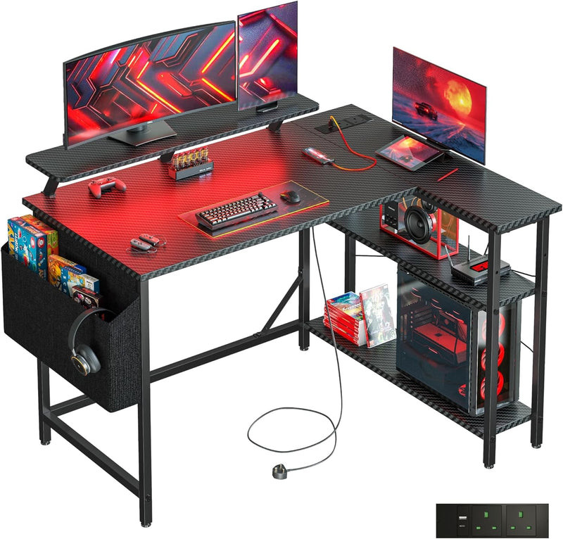 L Shaped Gaming Desk with LED Lights Power