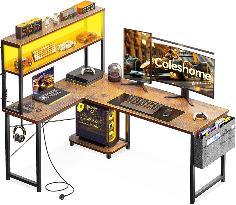 L Shaped Gaming Desk with LED Lights Power