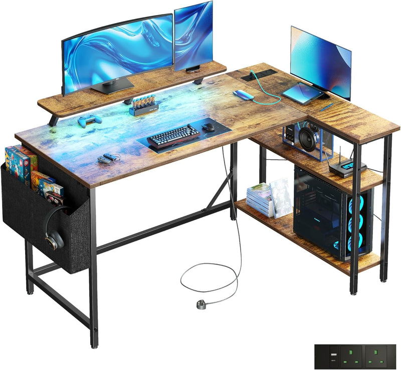 L Shaped Gaming Desk with LED Lights Power