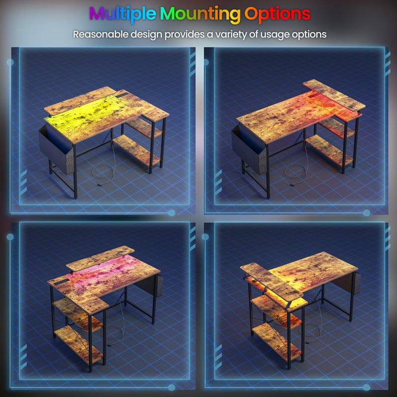 L Shaped Gaming Desk with LED Lights Power