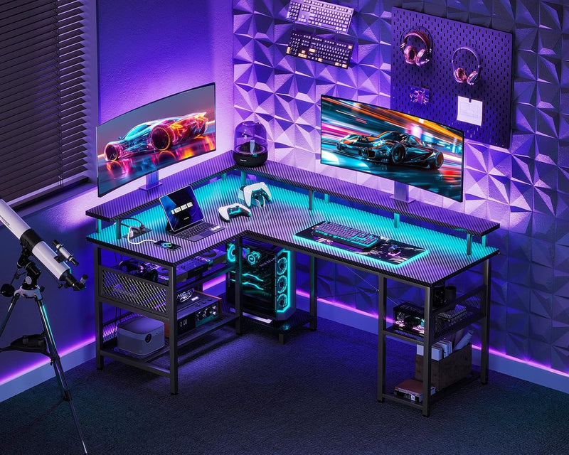 L Shaped Gaming Desk with LED Lights Power