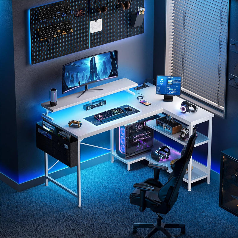 L Shaped Gaming Desk with LED Lights Power