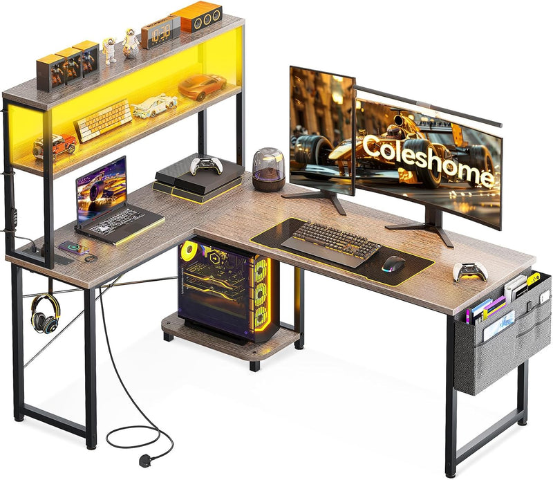 L Shaped Gaming Desk with LED Lights Power