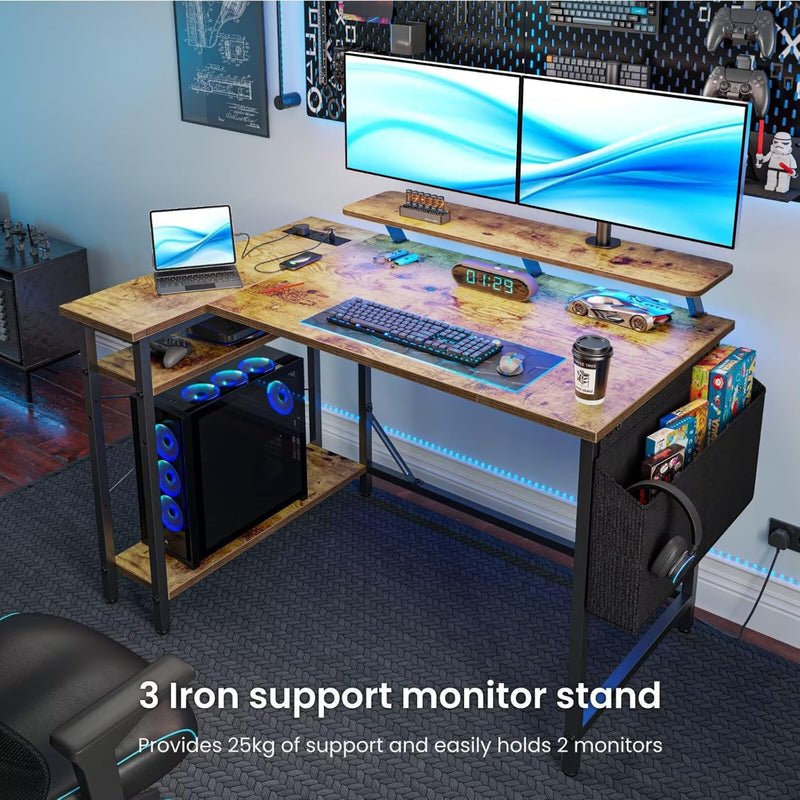 L Shaped Gaming Desk with LED Lights Power
