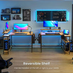 L Shaped Gaming Desk with LED Lights Power