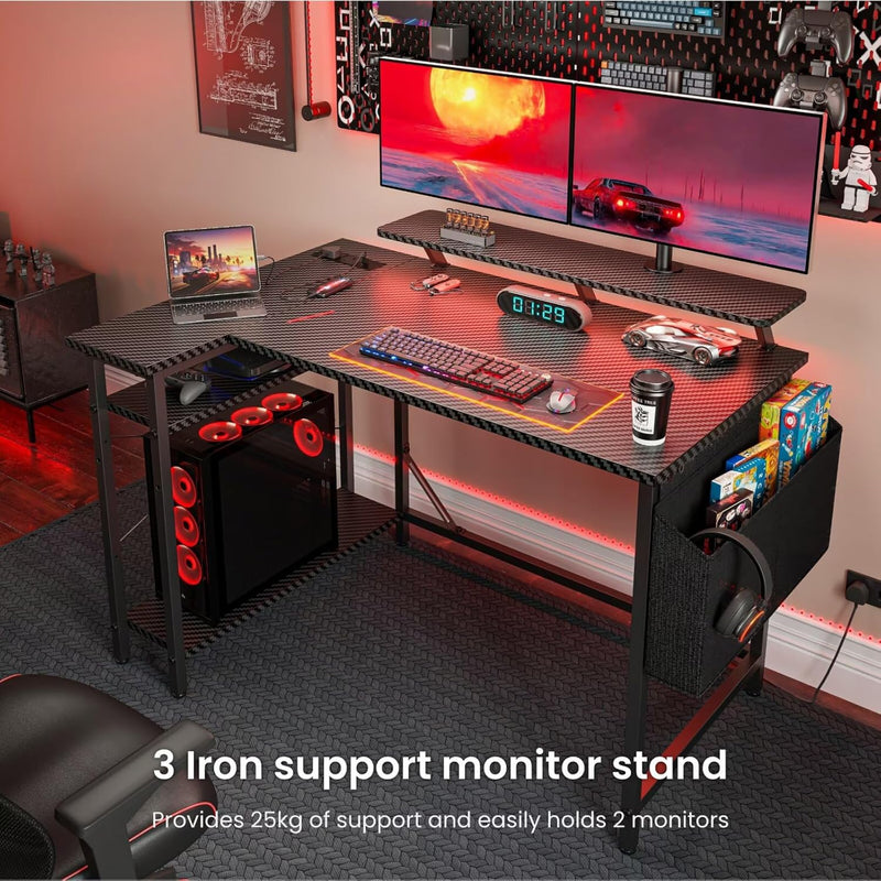 L Shaped Gaming Desk with LED Lights Power