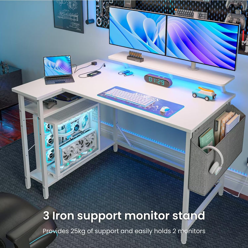 L Shaped Gaming Desk with LED Lights Power