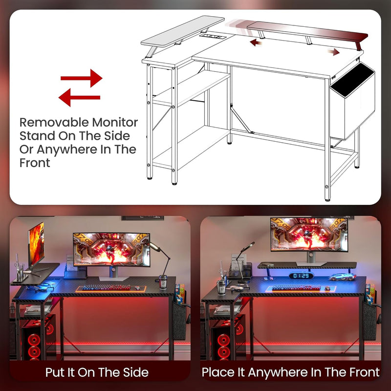L Shaped Gaming Desk with LED Lights Power