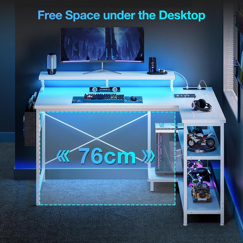 L Shaped Gaming Desk with LED Lights Power