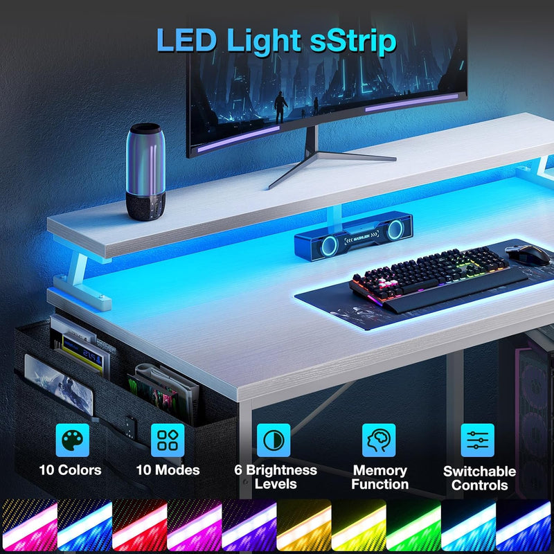 L Shaped Gaming Desk with LED Lights Power