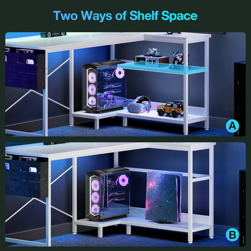 L Shaped Gaming Desk with LED Lights Power