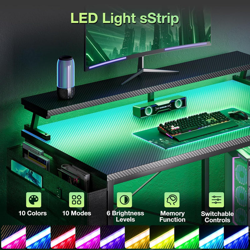 L Shaped Gaming Desk with LED Lights Power
