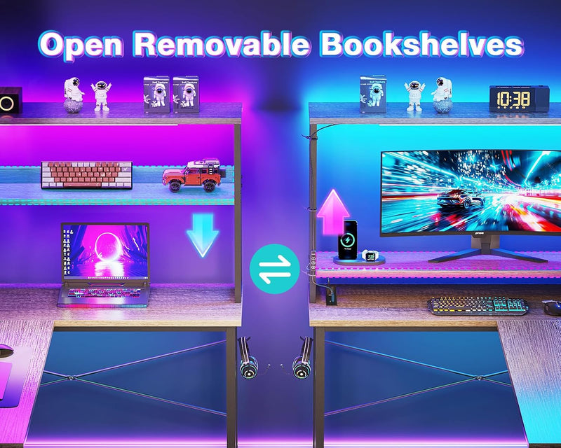 L Shaped Gaming Desk with LED Lights Power