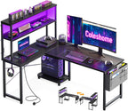 L Shaped Gaming Desk with LED Lights Power
