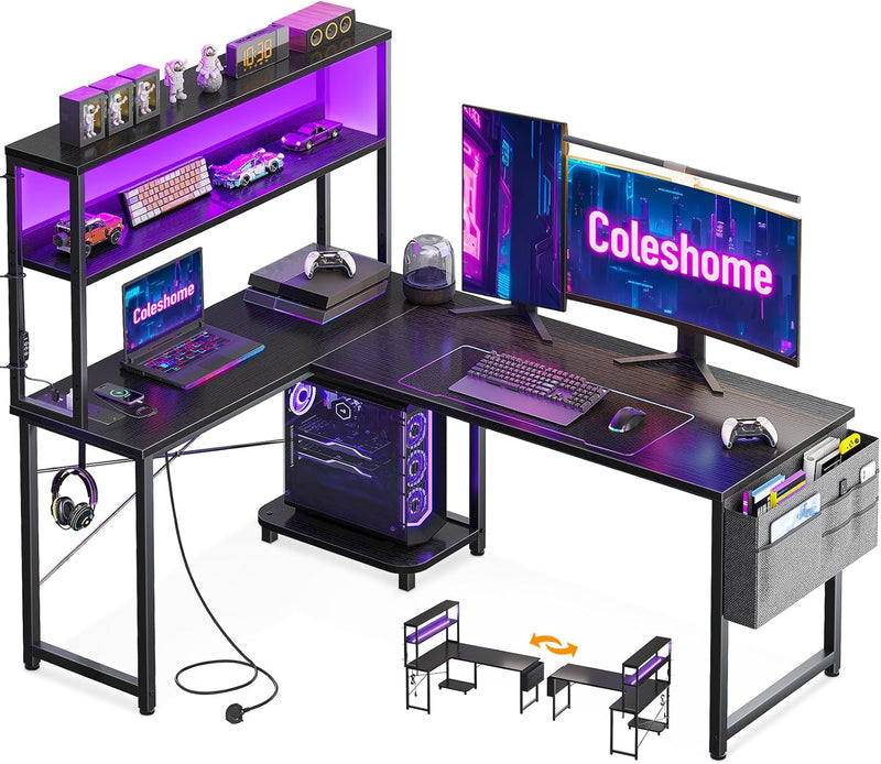 L Shaped Gaming Desk with LED Lights Power