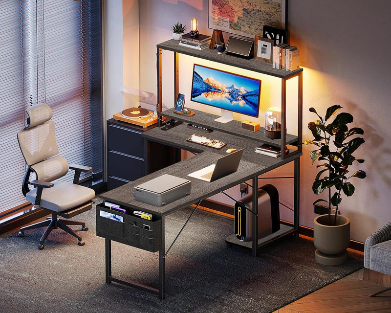 L Shaped Gaming Desk with LED Lights Power