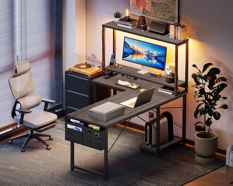 L Shaped Gaming Desk with LED Lights Power