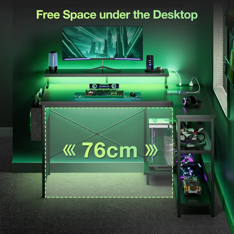 L Shaped Gaming Desk with LED Lights Power