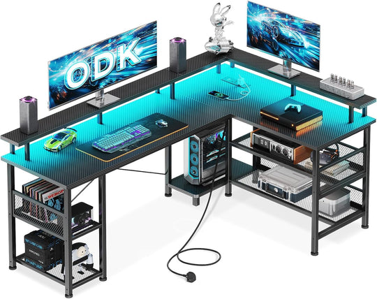 L Shaped Gaming Desk with LED Lights Power