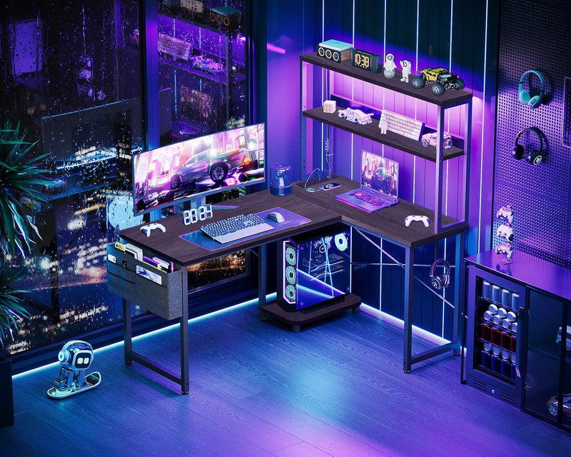 L Shaped Gaming Desk with LED Lights Power
