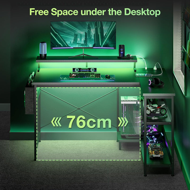 L Shaped Gaming Desk with LED Lights Power
