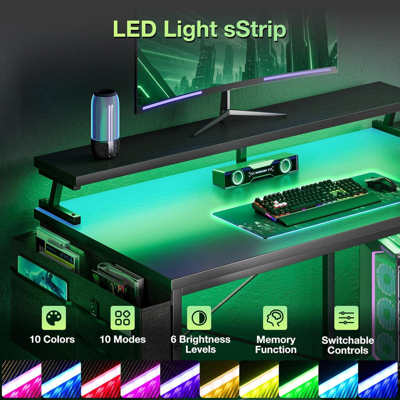 L Shaped Gaming Desk with LED Lights Power