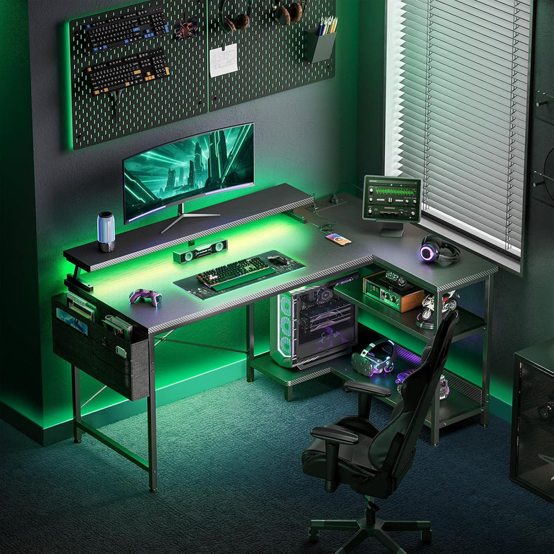 L Shaped Gaming Desk with LED Lights Power