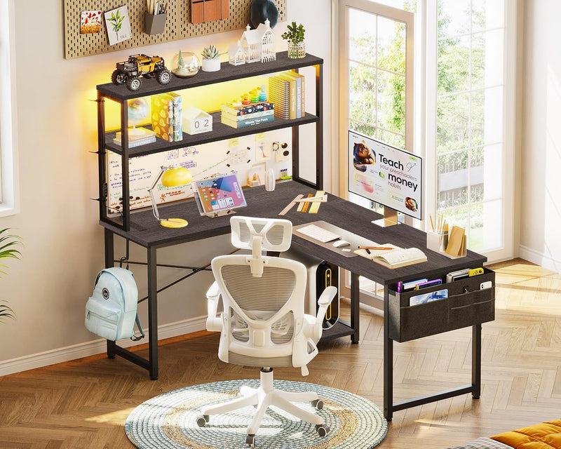 L Shaped Gaming Desk with LED Lights Power