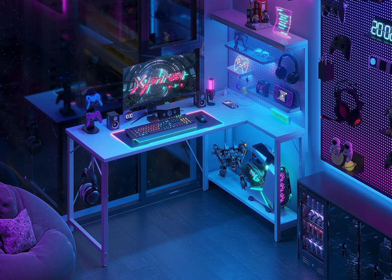 L Shaped Gaming Desk with Pegboard Hutch Shelves