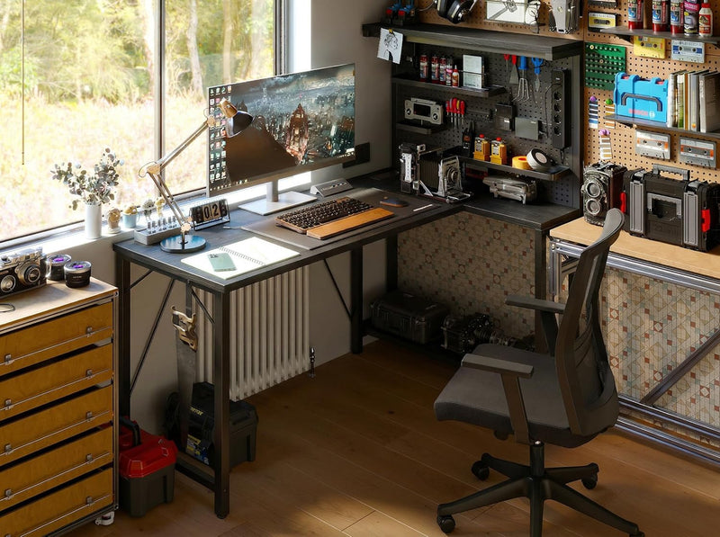 L Shaped Gaming Desk with Pegboard Hutch Shelves