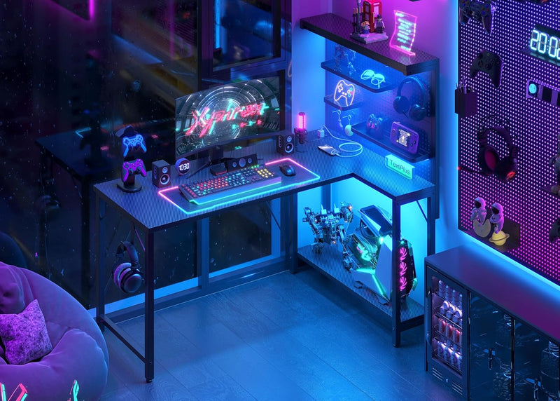 L Shaped Gaming Desk with Pegboard Hutch Shelves