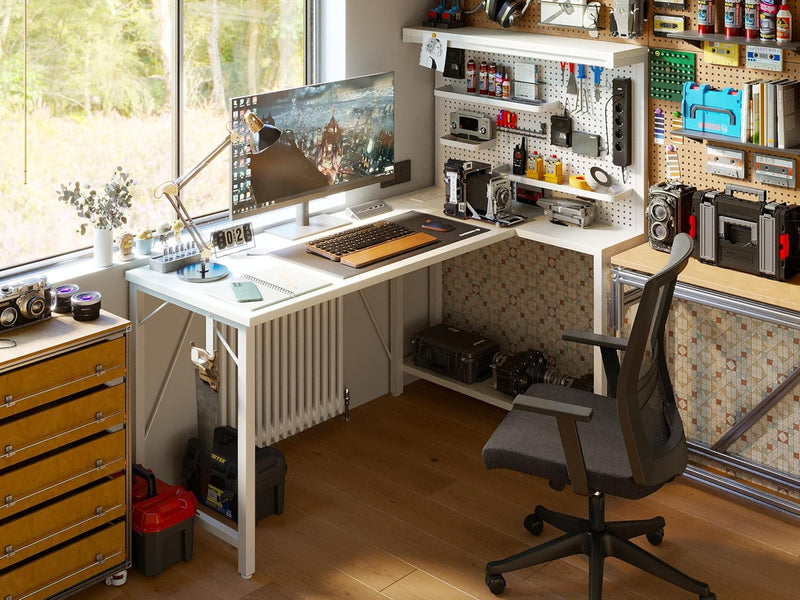 L Shaped Gaming Desk with Pegboard Hutch Shelves