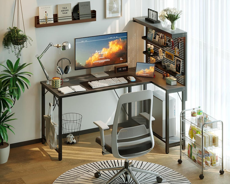 L Shaped Gaming Desk with Pegboard Hutch Shelves