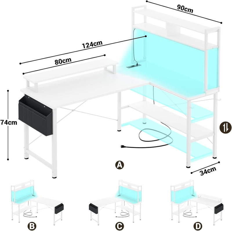L Shaped Gaming Desk with Power Outlets LED
