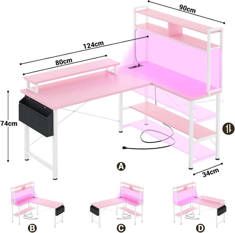 L Shaped Gaming Desk with Power Outlets LED