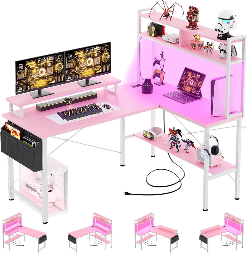 L Shaped Gaming Desk with Power Outlets LED