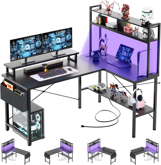 L Shaped Gaming Desk with Power Outlets LED