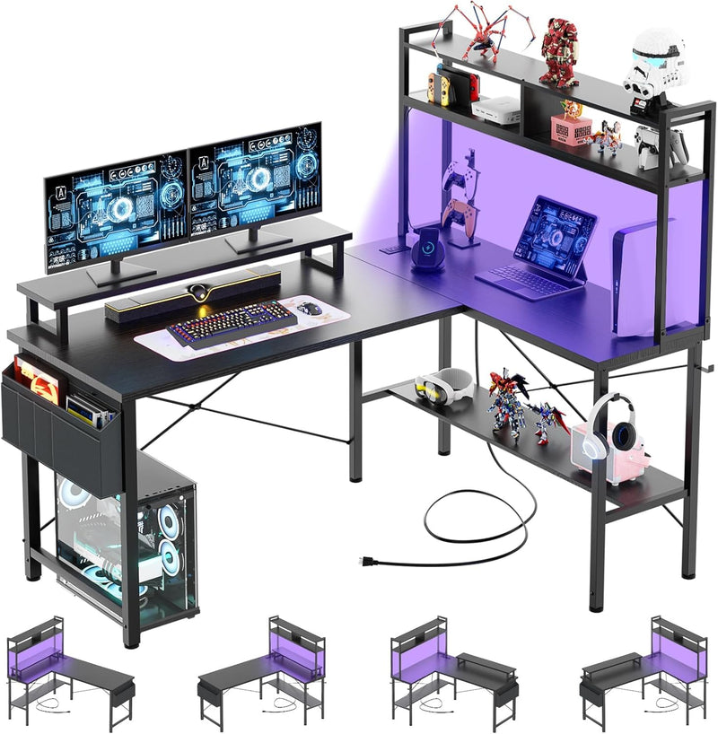 L Shaped Gaming Desk with Power Outlets LED