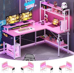 L Shaped Gaming Desk with Power Outlets LED