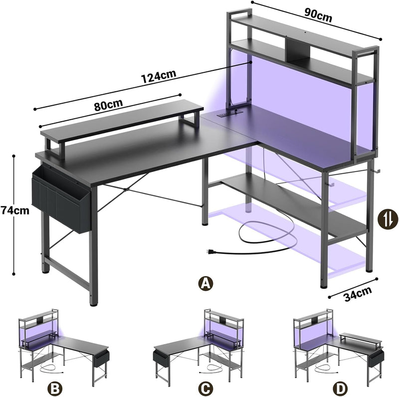 L Shaped Gaming Desk with Power Outlets LED