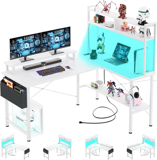 L Shaped Gaming Desk with Power Outlets LED